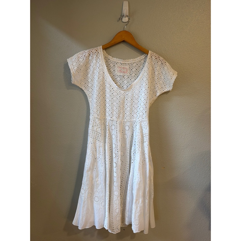 Vintage Johnny Was Eyelet Lace Dress Women Size S White Boho Short Sleeve V-Neck